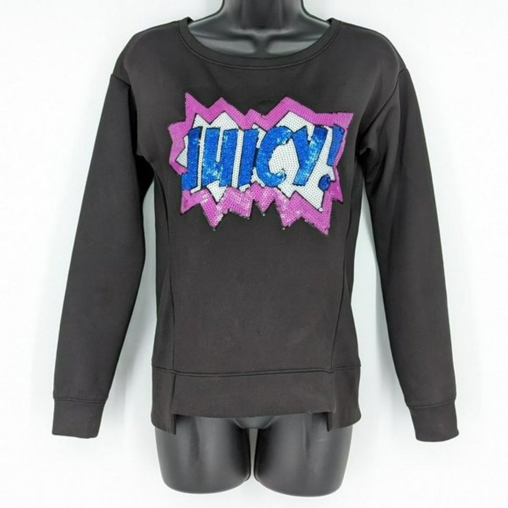 Juicy Couture Graphic Sweater XS Black Blue Purple Sequin Spell Out Long Sleeve